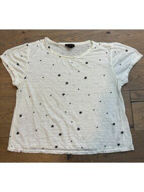 $115 AS by DF White Star Print 100% Linen Tee Designer Short Sleeve Top, S